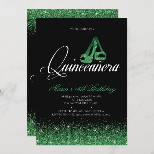 Emerald Glitter, Quinceanera Invitations (Front/Back)