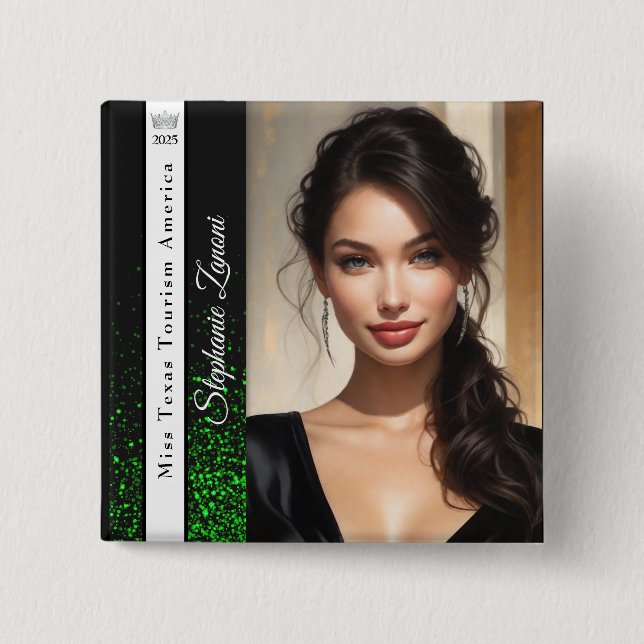Emerald Glitz | Crown and Sash Pageant Button (Front)
