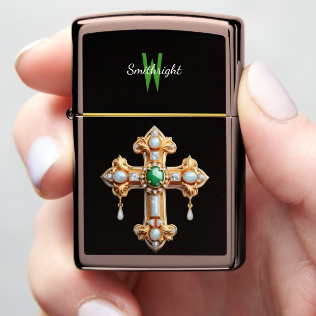 Emerald Glow: A Cross With a Verdant Stone Zippo Lighter (In Hand)