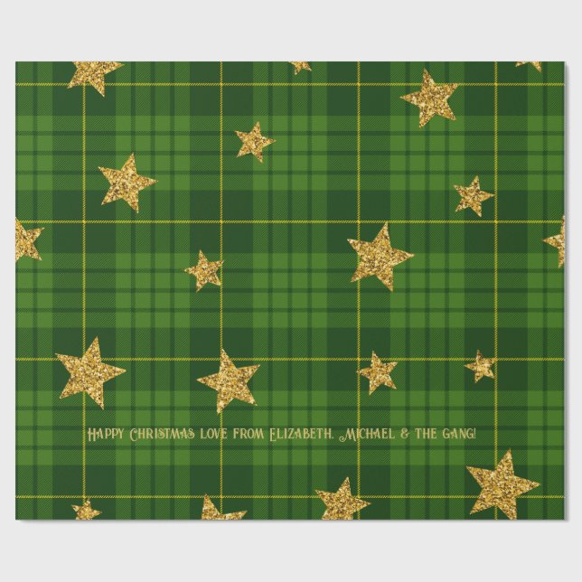 Emerald Glow Tartan Gold Star Personalized Xmas Wrapping Paper (Flat)