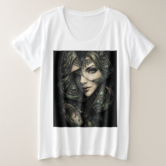 Emerald Goddess Stained Glass Portrait Art Plus Size T-Shirt (Design Front)