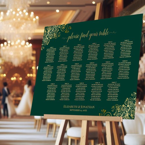 Emerald  Gold 17 Table Chic Wedding Seating Chart Foam Board