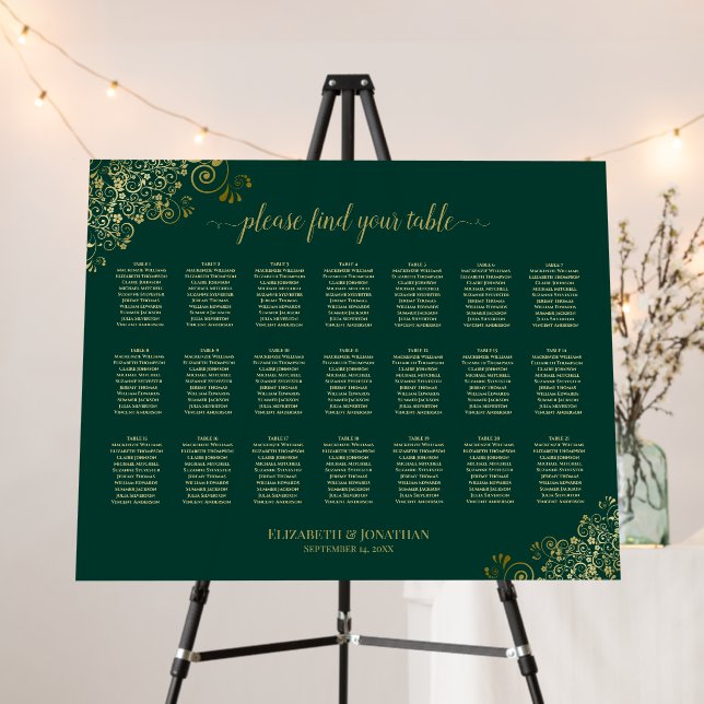 Emerald & Gold 21 Table Chic Wedding Seating Chart Foam Board (In Situ (Stand))