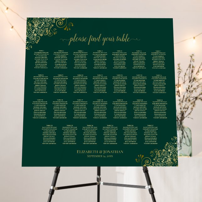 Emerald & Gold 27 Table Glam Wedding Seating Chart Foam Board (In Situ (Stand))