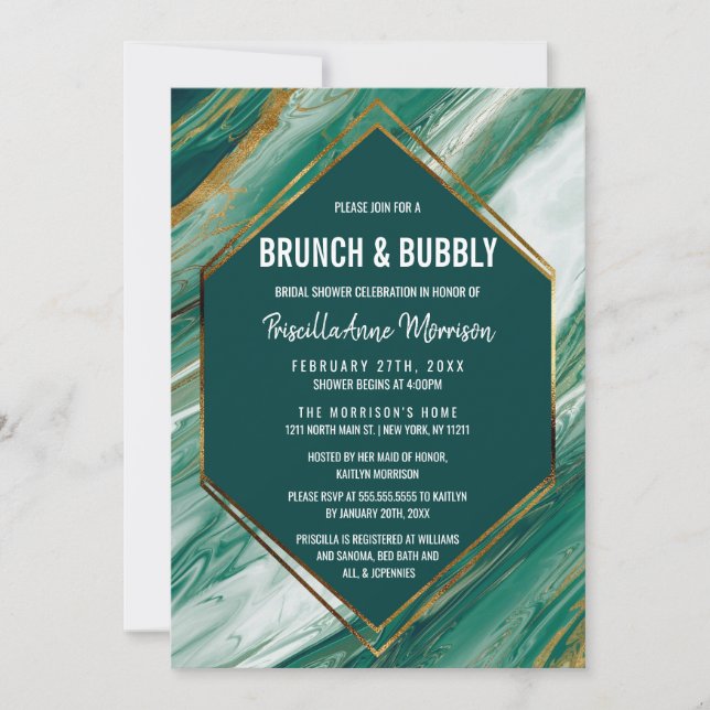 Emerald Gold Abstract Agate Marble Brunch Bubbly Invitation (Front)