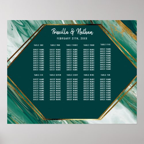 Emerald Gold Abstract Agate Marble Seating Chart