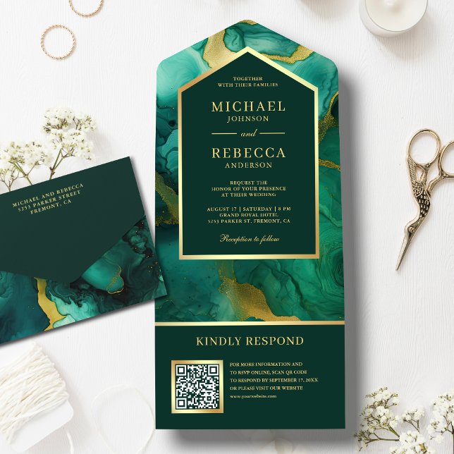 Emerald Gold Abstract Fluid Ink QR Code Wedding All In One Invitation (Creator Uploaded)