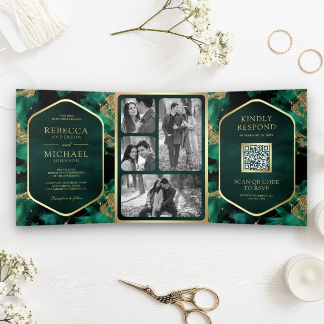Emerald Gold Abstract Fluid Ink QR Code Wedding Tri-Fold Invitation (Creator Uploaded)