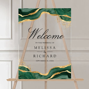 Emerald Gold Abstract Ink Wedding Welcome Acrylic Sign