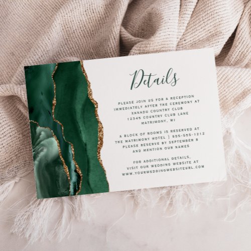 Emerald Gold Agate Green Script Wedding Details Enclosure Card