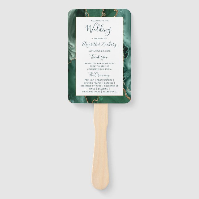 Emerald Gold Agate Green Script Wedding Program Hand Fan (Front)
