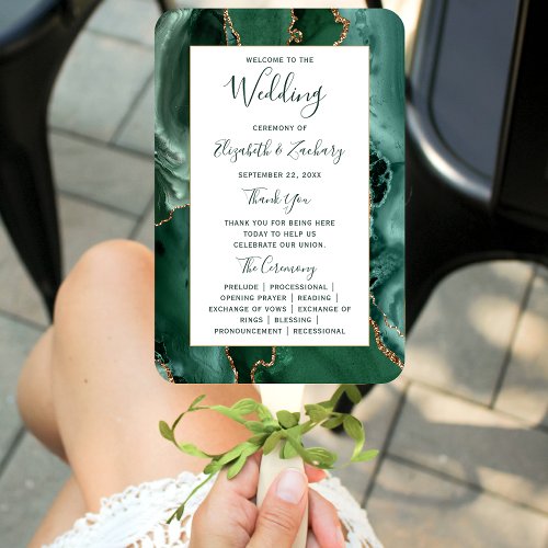 Emerald Gold Agate Green Script Wedding Program Hand Fan