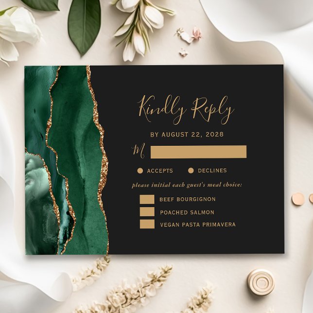 Emerald Gold Agate Meal Options Dark Wedding RSVP (Creator Uploaded)