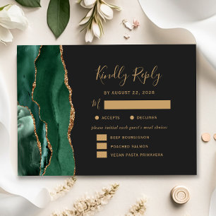 Emerald Gold Agate Meal Options Dark Wedding RSVP Card
