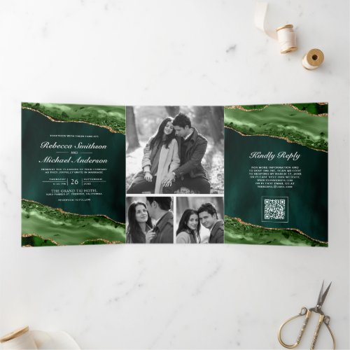 Emerald Gold Agate Photo Collage QR Code Wedding Tri-Fold Invitation