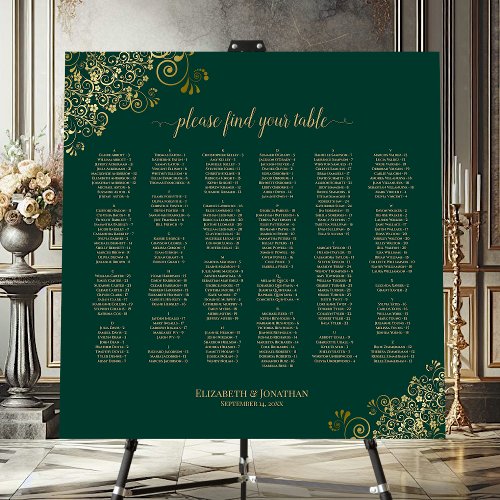 Emerald  Gold Alphabetical Wedding Seating Chart Foam Board