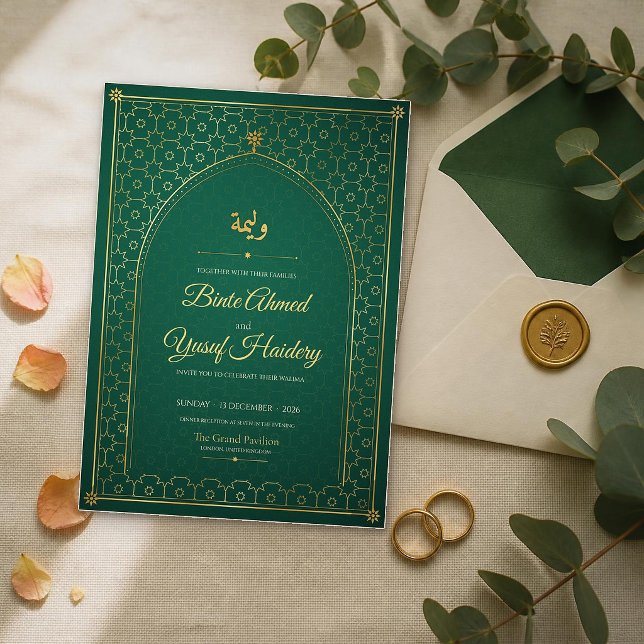 Emerald Gold Arabic Calligraphy Walima Reception Invitation (Creator Uploaded)