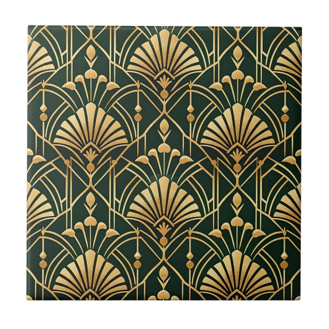 Emerald Gold Art Deco Pattern Ceramic Tile (Front)