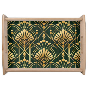 Emerald Gold Art Deco Pattern Serving Tray