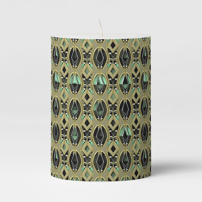 Emerald & Gold Art Deco Pillar Candle (Front)