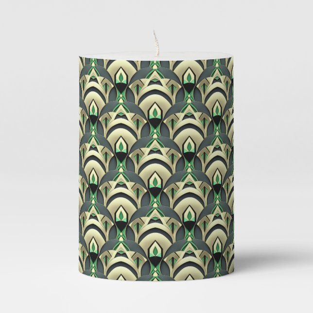 Emerald & Gold Art Deco Pillar Candle (Front)