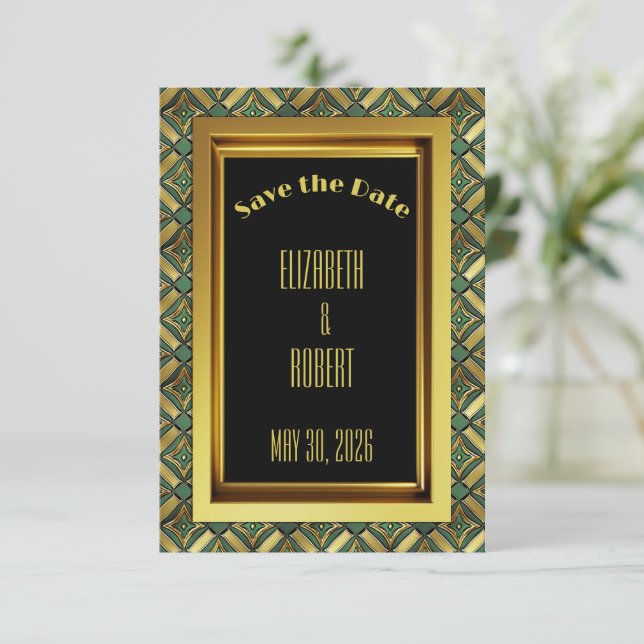 Emerald & Gold Art Deco Save The Date (Standing Front)