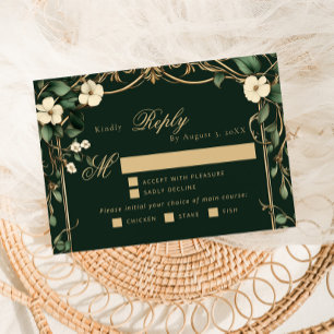 Emerald Gold Art Nouveau wedding meal choice RSVP Card