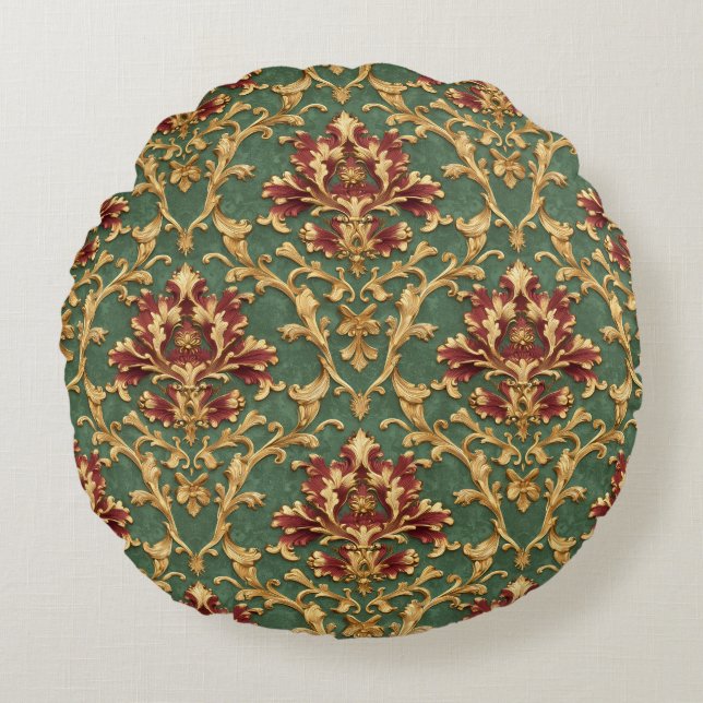 Emerald Gold Baroque Damask Round Pillow (Front)