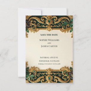 Emerald Gold Baroque Save The Date Card