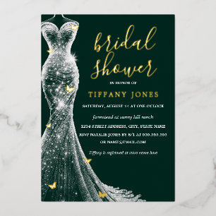 Emerald Gold Butterfly Dress Bridal Shower Foil Invitation