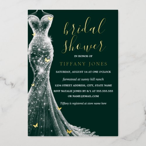 Emerald Gold Butterfly Dress Bridal Shower  Foil Invitation