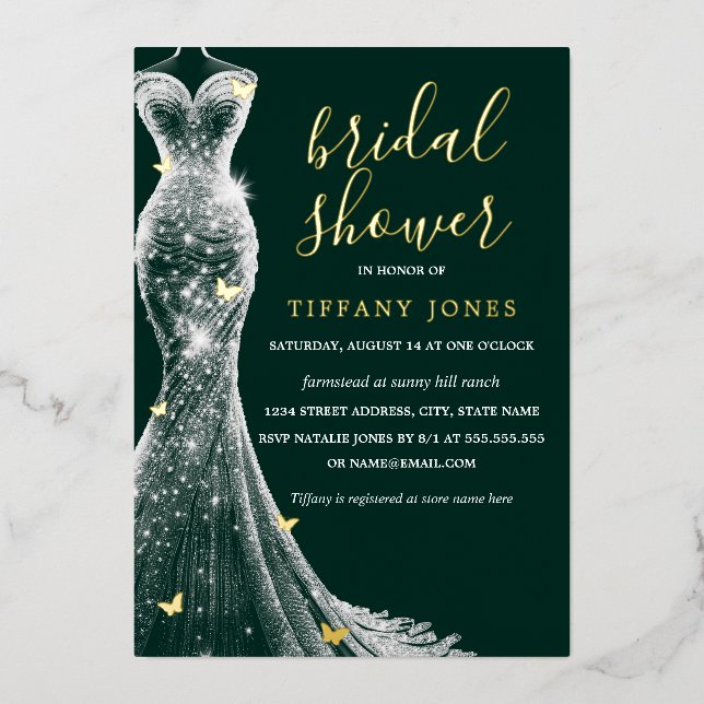 Emerald Gold Butterfly Dress Bridal Shower  Foil Invitation (Front)