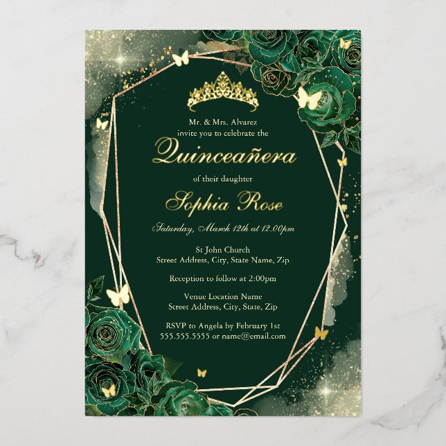 Emerald Gold Butterfly Floral Quinceanera Foil Invitation (Front)