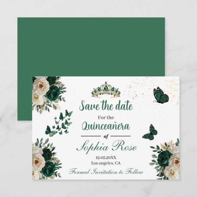 Emerald Gold Butterfly Tiara Quinceañera Save Date Save The Date (Front/Back)