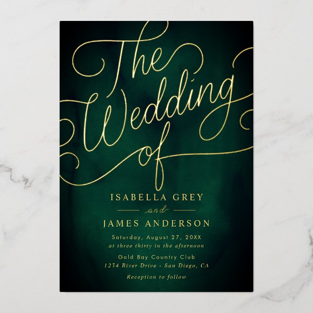 Emerald Gold Calligraphy Script Wedding  Foil Invitation (Front)