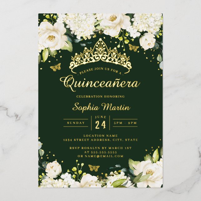 Emerald Gold Champagne Floral Quinceanera  Foil Invitation (Front)