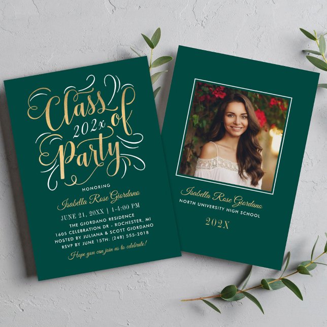 Emerald Gold Class of 2026 Party Script Photo Invitation (Creator Uploaded)