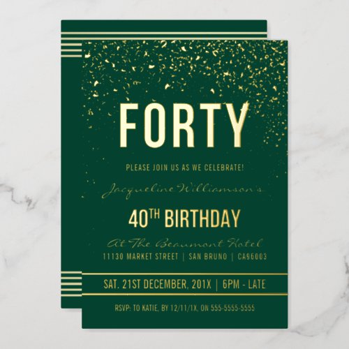 Emerald  Gold Confetti 40th Birthday Party Foil Invitation