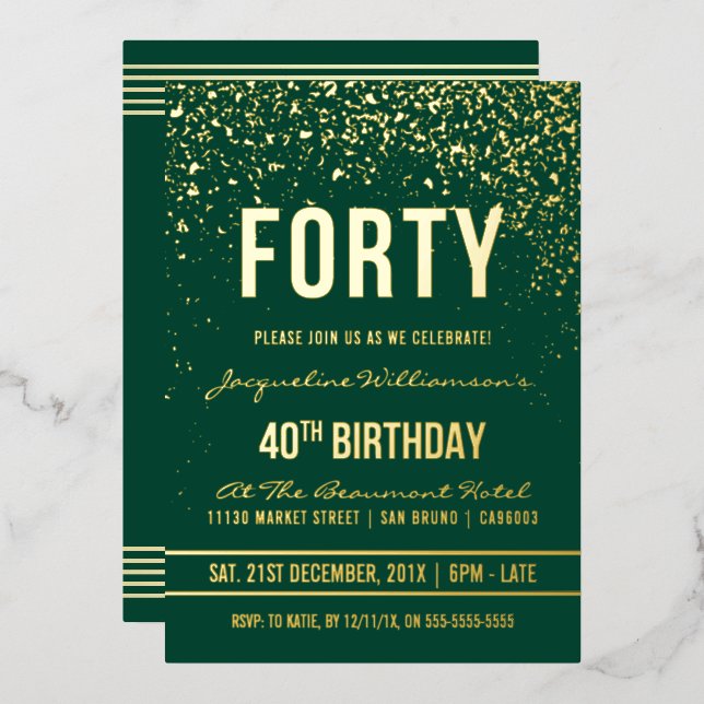 Emerald | Gold Confetti 40th Birthday Party Foil Invitation (Front/Back)