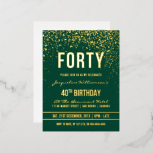 Emerald Gold Confetti 40th Birthday Party Foil Invitation Postcard