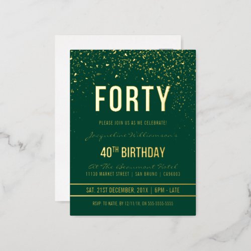 Emerald  Gold Confetti 40th Birthday Party Foil Invitation Postcard