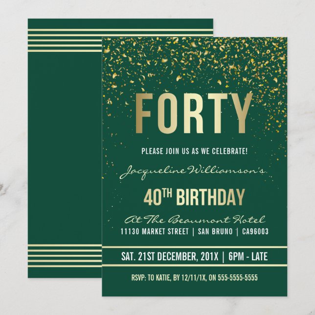 Emerald | Gold Confetti 40th Birthday Party Invitation (Front/Back)