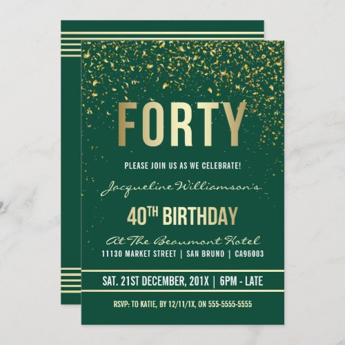 Emerald  Gold Confetti 40th Birthday Party Invitation