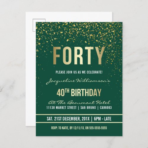 Emerald  Gold Confetti 40th Birthday Party Invitation Postcard