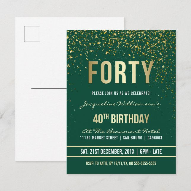 Emerald | Gold Confetti 40th Birthday Party Invitation Postcard (Front/Back)