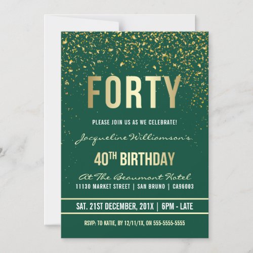 Emerald  Gold Confetti 40th Birthday Party Magnetic Invitation