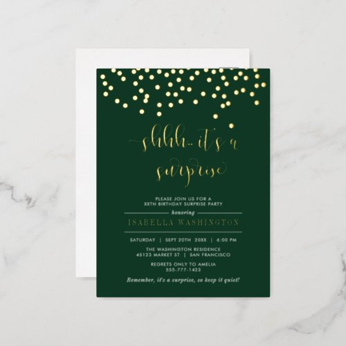 Emerald  Gold Confetti Surprise Birthday Party Foil Invitation Postcard