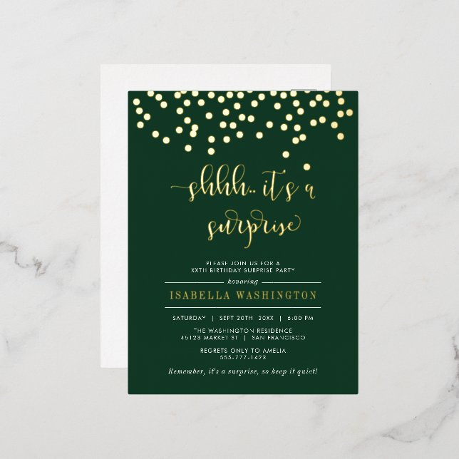 Emerald & Gold Confetti Surprise Birthday Party Foil Invitation Postcard (Front/Back)