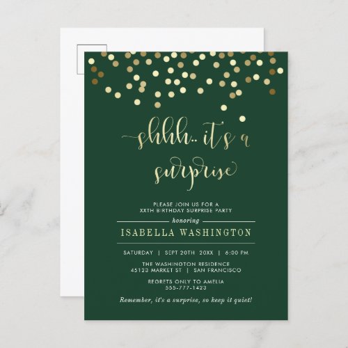 Emerald  Gold Confetti Surprise Birthday Party Invitation Postcard