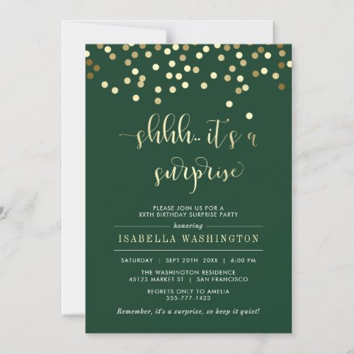 Emerald  Gold Confetti Surprise Birthday Party Magnetic Invitation